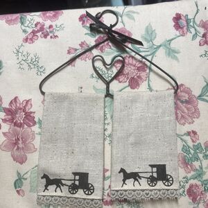 Miniature Hand Towels On Black Metal Hanger Heart Shaped Beige, Amish Buggy